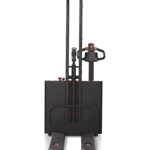 A black EP ES10-10MM electric stacker, a type of pallet truck with a mast, is shown from the front against a plain grey background.