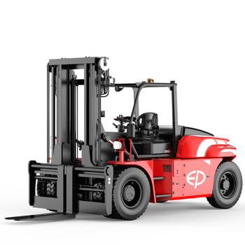 A red EP forklift with black lifting arms and large tires, viewed from the side, showcasing its industrial design.