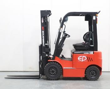 Side view of a red EP Equipment forklift with a black mast and wide tires, showcasing its compact design for lifting and transporting loads.