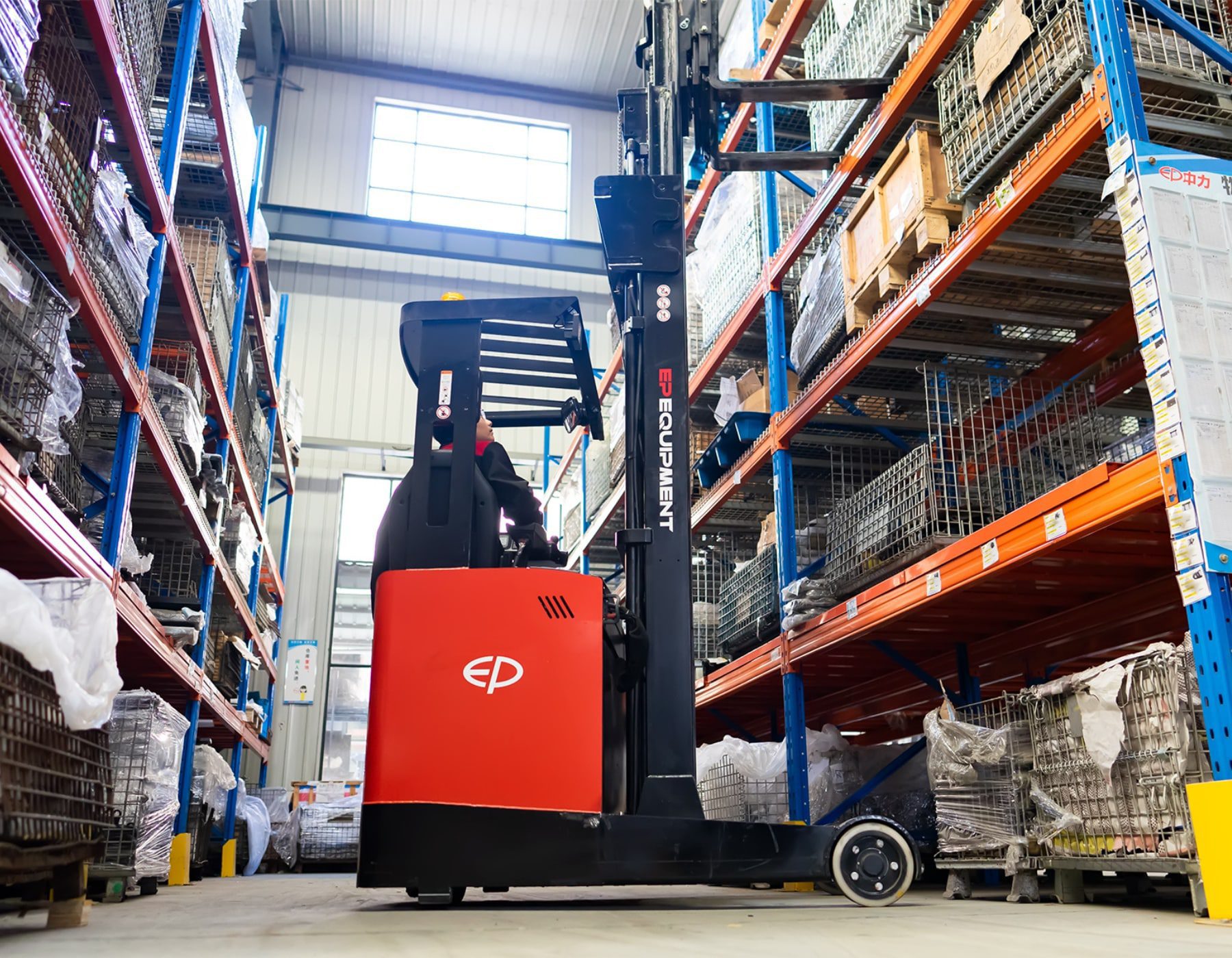 Red EP electric reach truck in a warehouse