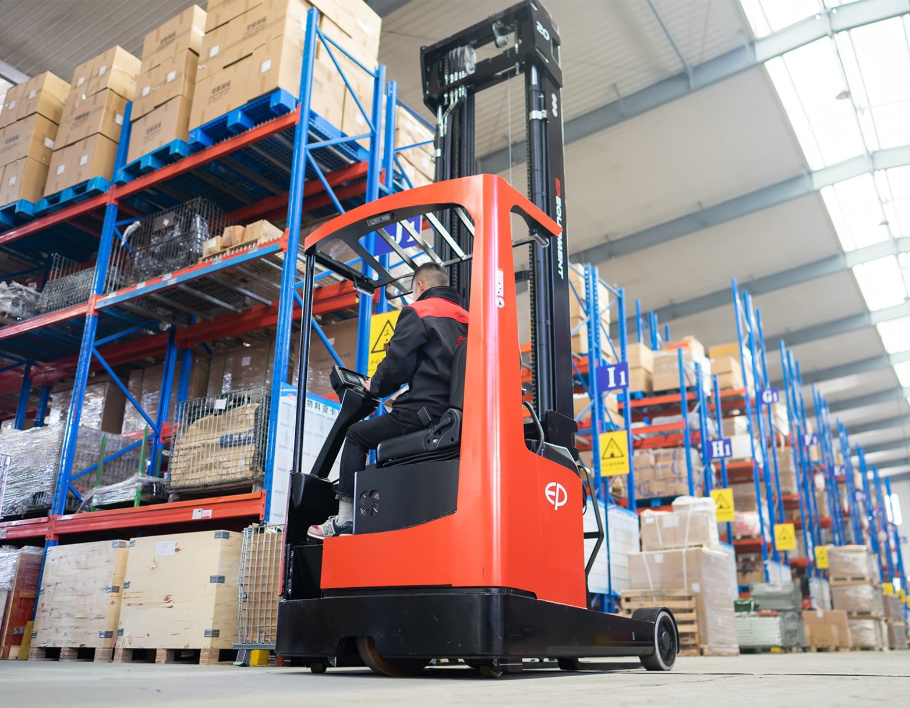 Red EP electric reach truck in a warehouse