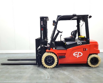 A side view of a red EP forklift with sturdy tires, ready for material handling in a warehouse setting.