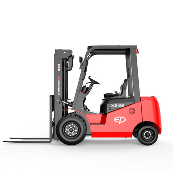 Side view of a red EP X2-25 forklift, showcasing its lifting forks, operator seat, and control panel.