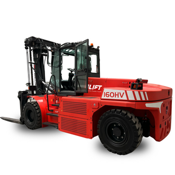 A red electric forklift with an open cab and large tires, designed for heavy lifting, showcasing model 160HV.