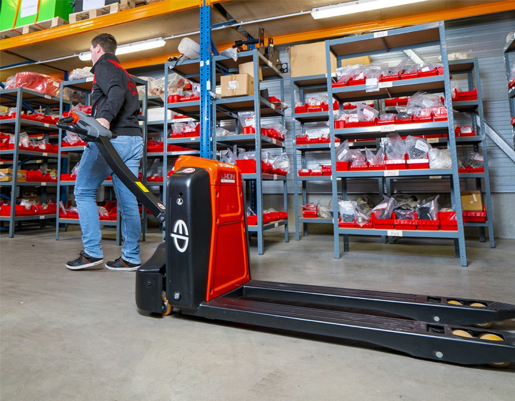 Side view of a red EP electric pallet truck labeled 'EPL1531 Li-ion