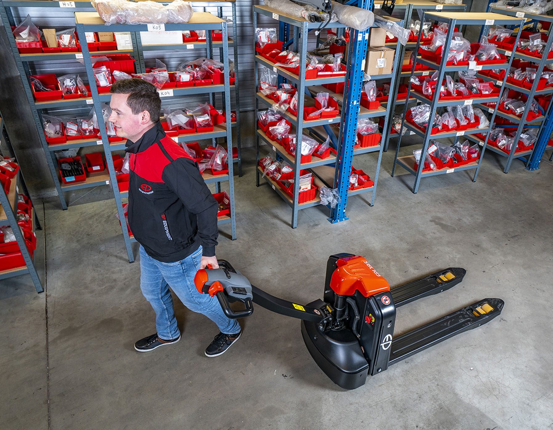Side view of a red EP electric pallet truck labeled 'EPL1531 Li-ion