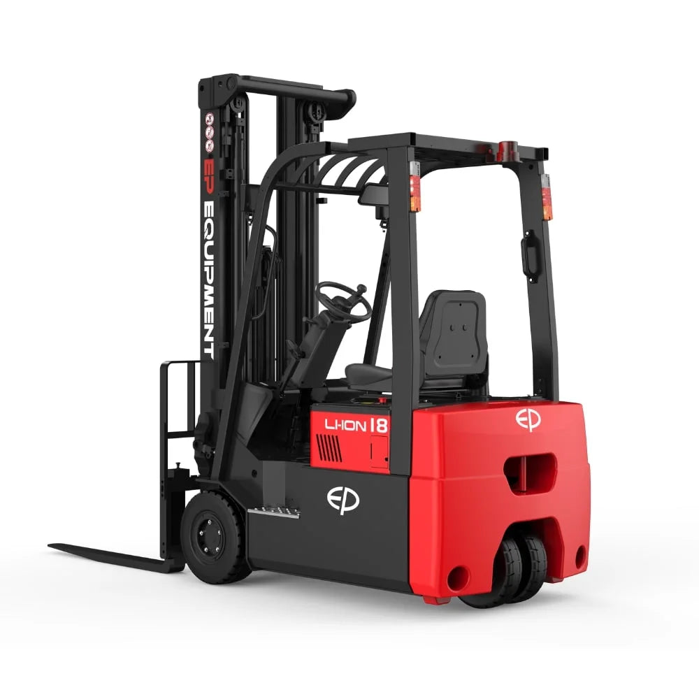 Red and black EP electric forklift with a protective overhead guard and ergonomic driver's seat, designed for indoor and warehouse use, displayed on a white background.