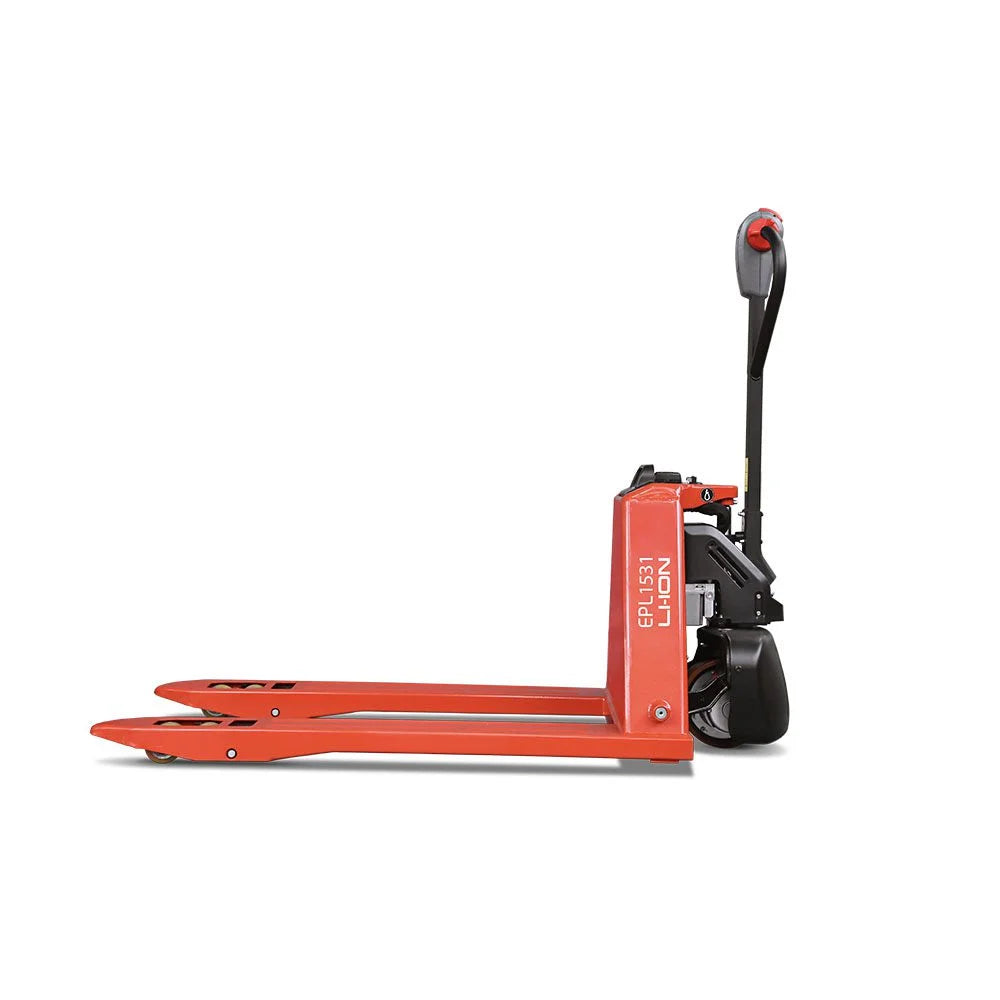 Side view of a red EP electric pallet truck labeled 'EPL1531 Li-ion,' featuring extended forks and a streamlined design, displayed on a white background