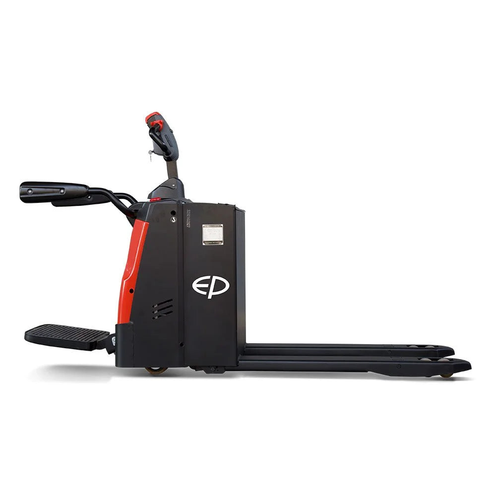 Electric pallet jack with a black and red design, featuring a control handle and forked arms for moving pallets efficiently.