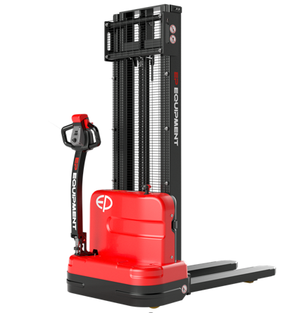 Front angled view of a red and black EP ESl122 electric stacker truck, featuring tall lifting masts and a compact handle design, positioned on a white background