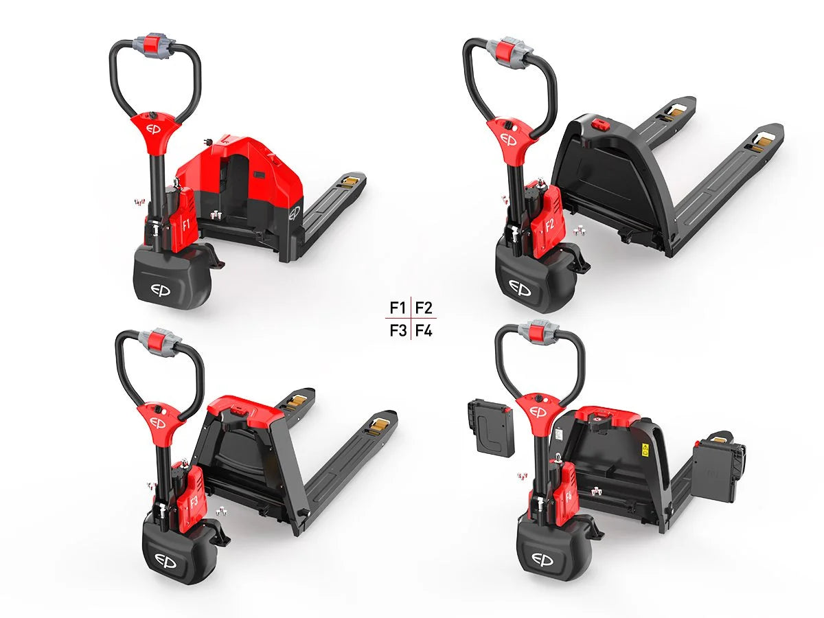 Side view of a red EP electric pallet truck labeled 'EPL1531 Li-ion,' featuring extended forks and a streamlined design, displayed on a white background