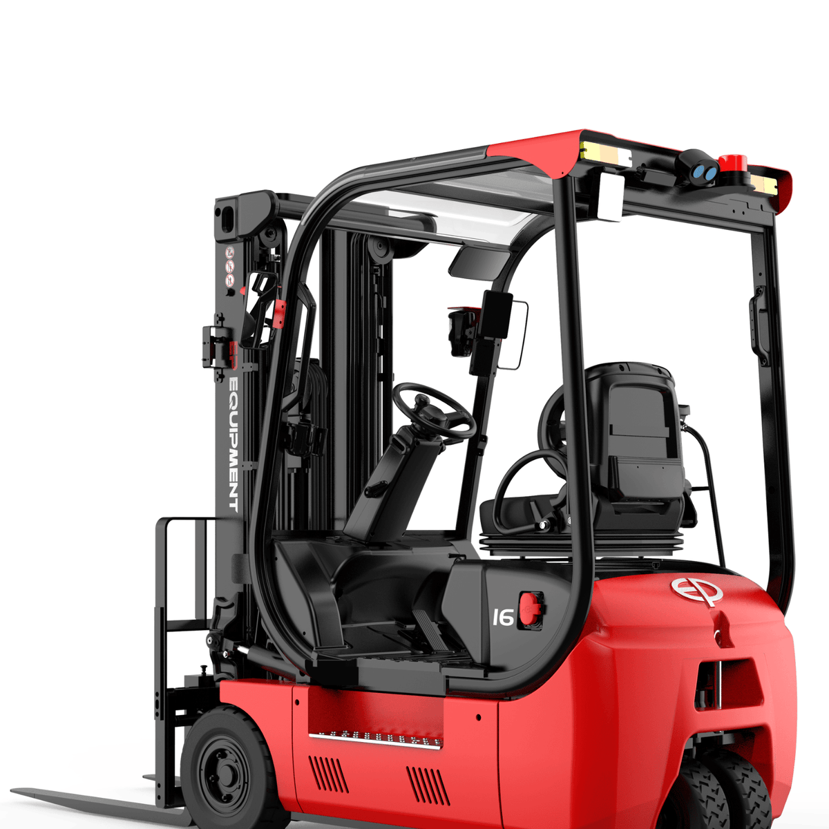 A red electric forklift with a compact design, featuring a modern cabin, control panel, and lifting forks, set against a white background.