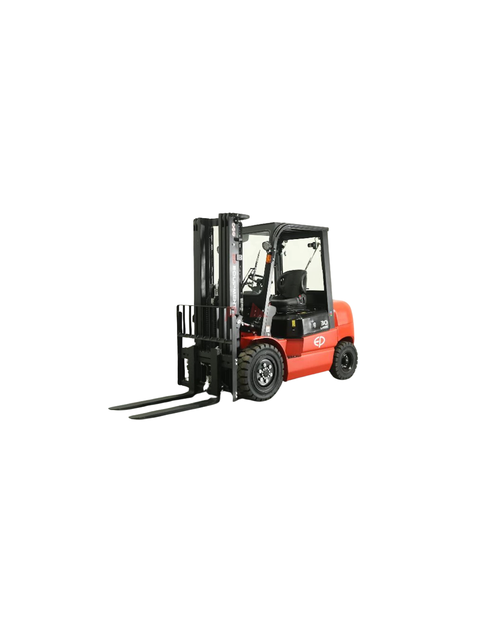 A red and black forklift with a raised lifting mechanism, designed for material handling in warehouses or construction sites.