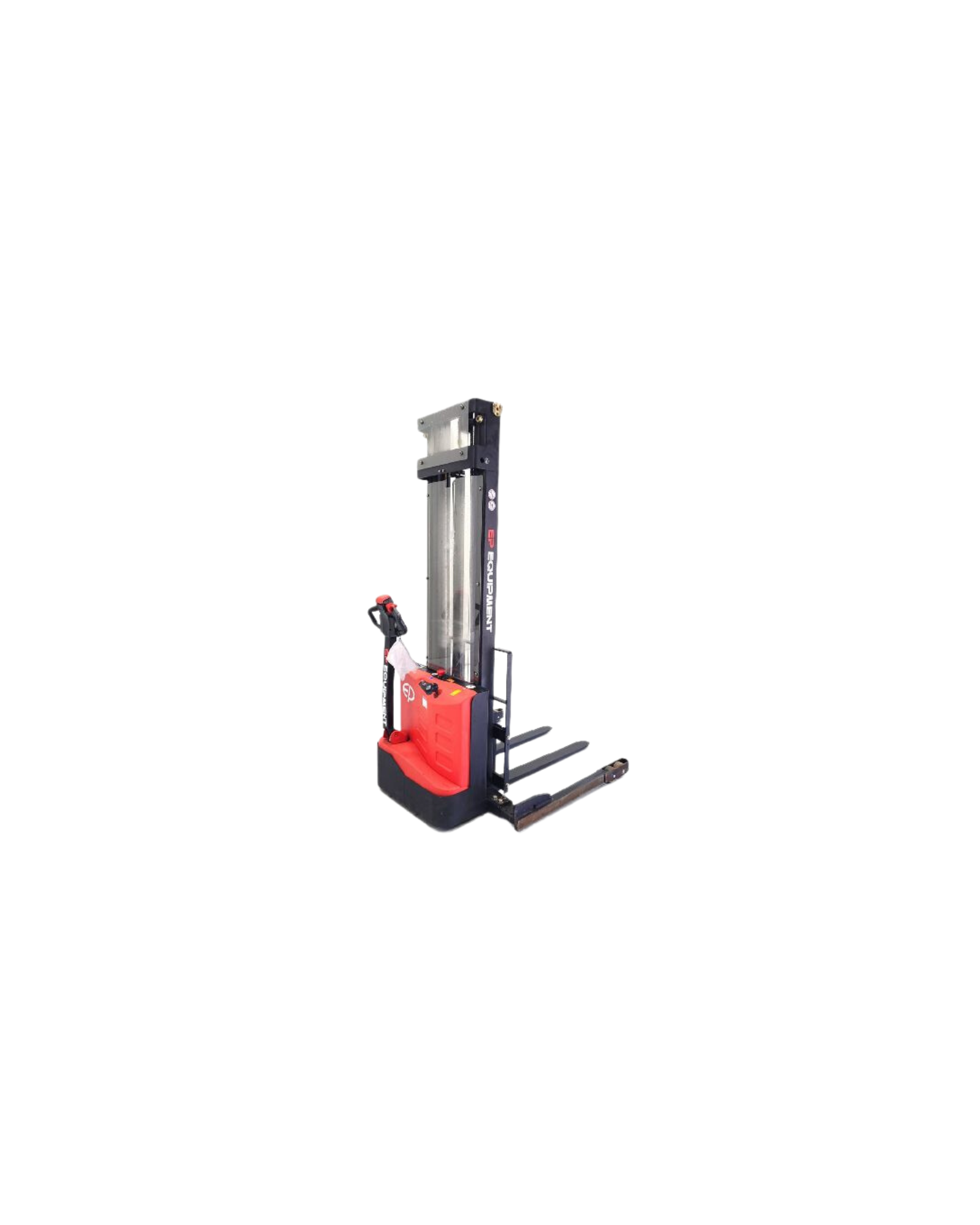 A compact electric pallet stacker with a red control panel, long forks, and a lifting mast, ideal for warehouse material handling.