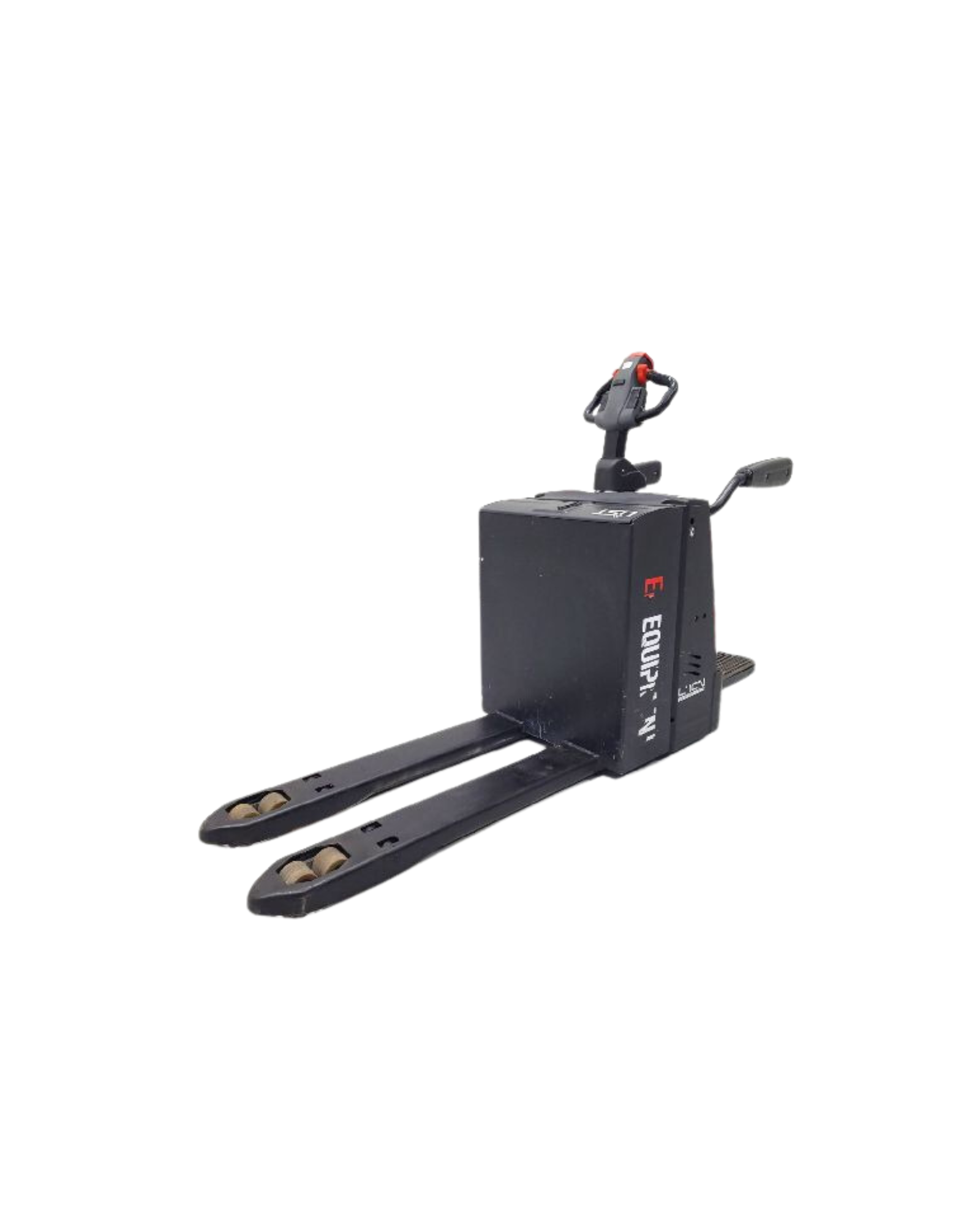 Electric pallet jack with a black box body and two long forks, designed for lifting and transporting goods in warehouses.