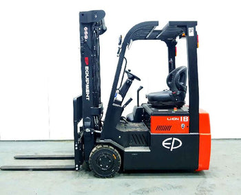 A side view of a black and orange EP Equipment electric forklift, model L-Ion 18, with forks ready for lifting.
