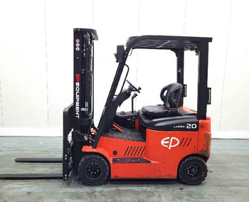 A side view of a red EP Lion 20 electric forklift, featuring an operator's seat and upright forks for material handling.