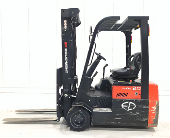 Side view of an EP Equipment electric forklift with black and orange colors, featuring a raised mast and two forks.