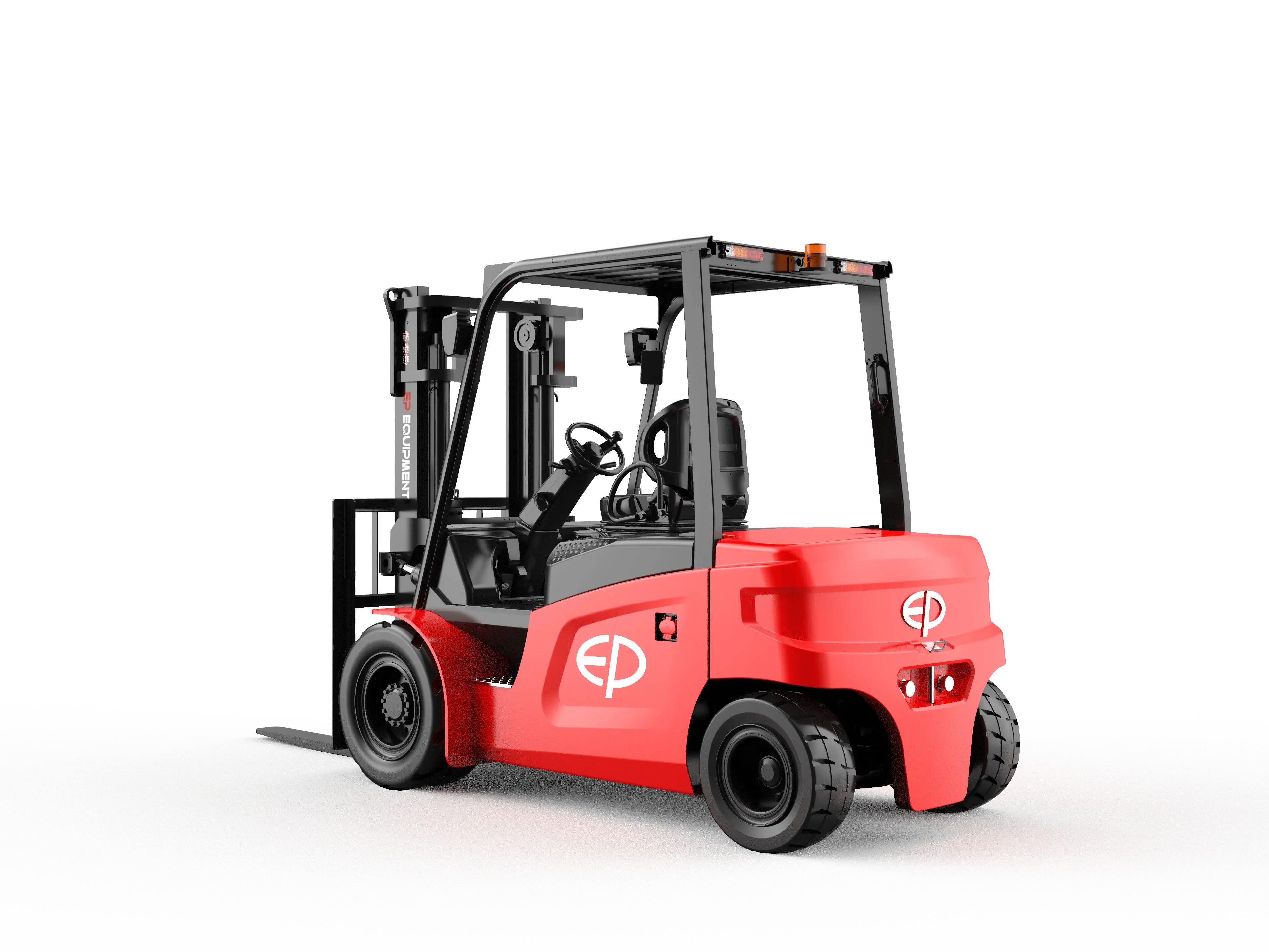 A bright red forklift with a modern design seen from the rear, showcasing its large tires and lift mechanism against a black background.