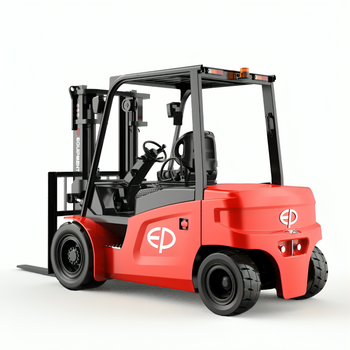 A red EP forklift with a clear cabin and sturdy frame, designed for efficient material handling in warehouses and industrial settings.