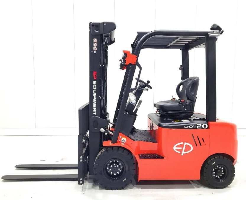 Orange electric forklift with a black mast and seat, featuring forks and thick tires, set against a white background.