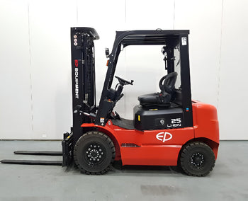 A side view of a red electric forklift with a black mast, showcasing its operator's seat and wheels, set against a neutral background.