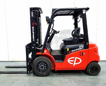 A side view of a red EP forklift with a black mast and driver's cabin, set against a white background.