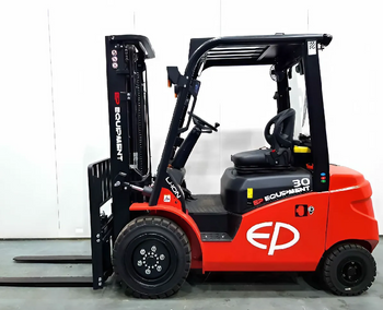 A red EP forklift model 30, with black lifting forks and cabin, parked in a warehouse against a white backdrop.