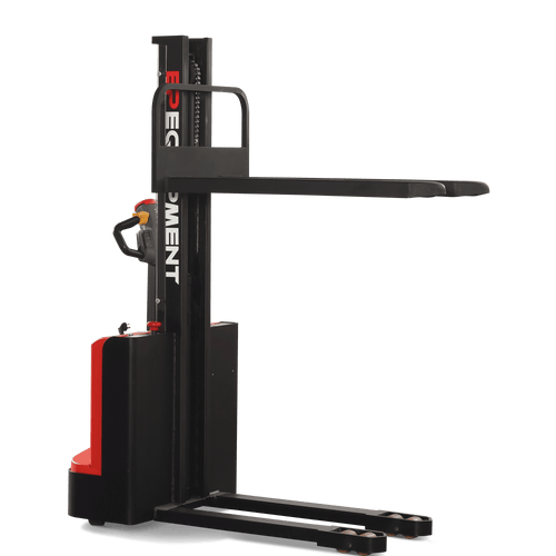 A red and black EP Electric Stacker ES12-12ES, a type of powered pallet truck with a mast for lifting, is viewed from the side against a plain grey background. The word