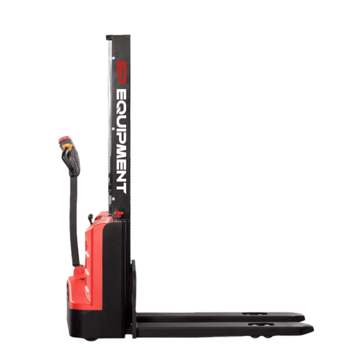 A red and black forklift positioned against a white background, showcasing its design and color contrast.