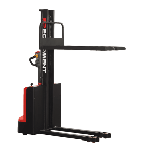 A forklift featuring a red handle and a black bucket, positioned for lifting materials in a warehouse setting.