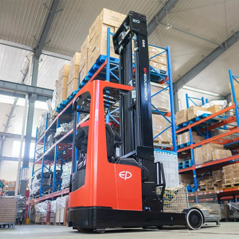 Red electric reach truck by EP Equipment in a spacious warehouse, lifting goods to high blue shelves filled with boxed and palletized items, under a high industrial ceiling