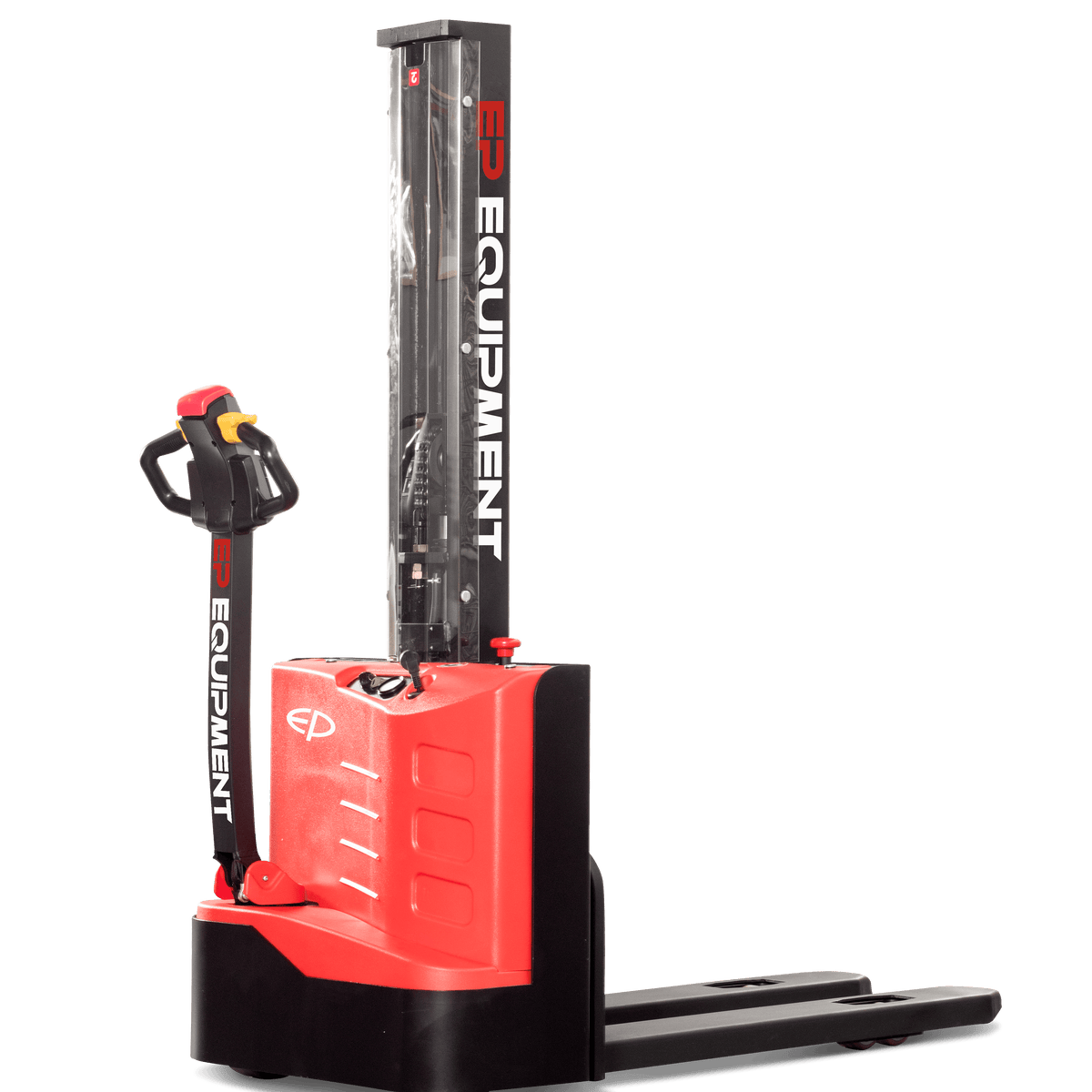 Red and black electric pallet stacker with