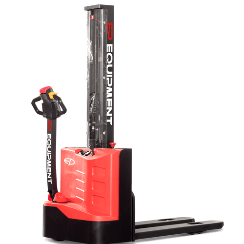 Red and black electric pallet stacker with