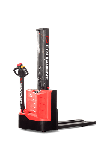 Red and black electric pallet stacker with