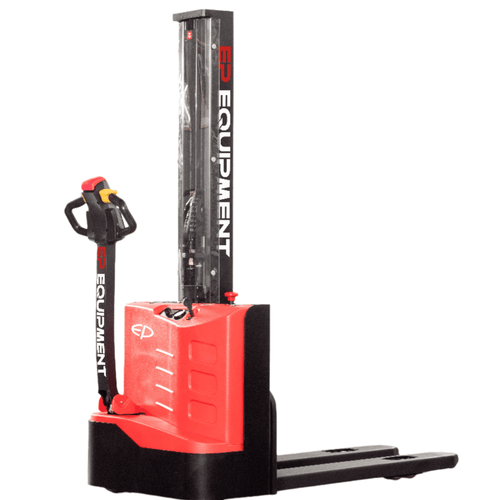 A red and black stacker positioned on a clean white background, showcasing its design and color contrast.