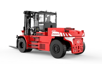 Red heavy-duty forklift with large tires, enclosed cabin, and 