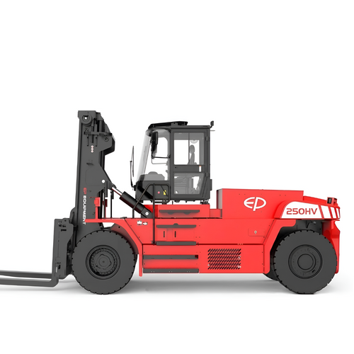 A red and black electric forklift with a large front mast and forks, shown in a side profile on a clean white background. The side of the chassis features a white 'EP' logo and '250HV' text.
