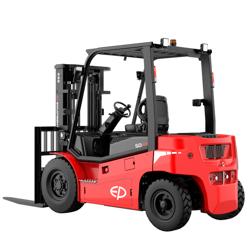 Red forklift with a black lifting mechanism and enclosed cabin, designed for material handling in industrial settings.