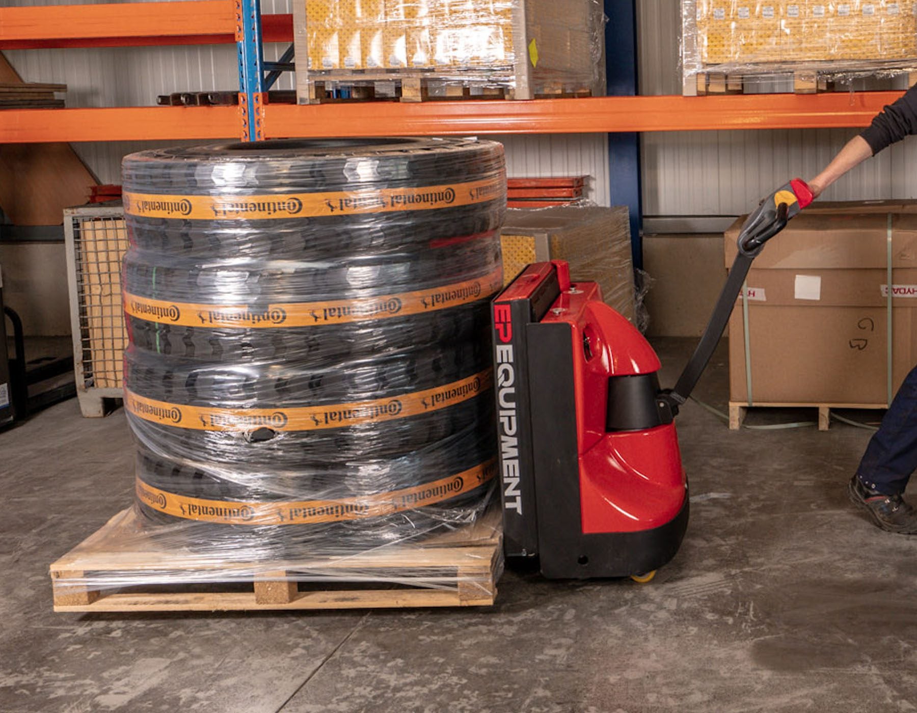 Side view of a red EP electric pallet truck labeled 'EPL1531 Li-ion