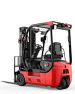 A red electric forklift with a compact design, featuring a modern cabin, control panel, and lifting forks, set against a white background.