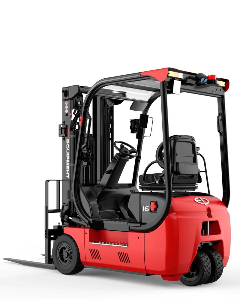 A red electric forklift with a compact design, featuring a modern cabin, control panel, and lifting forks, set against a white background.