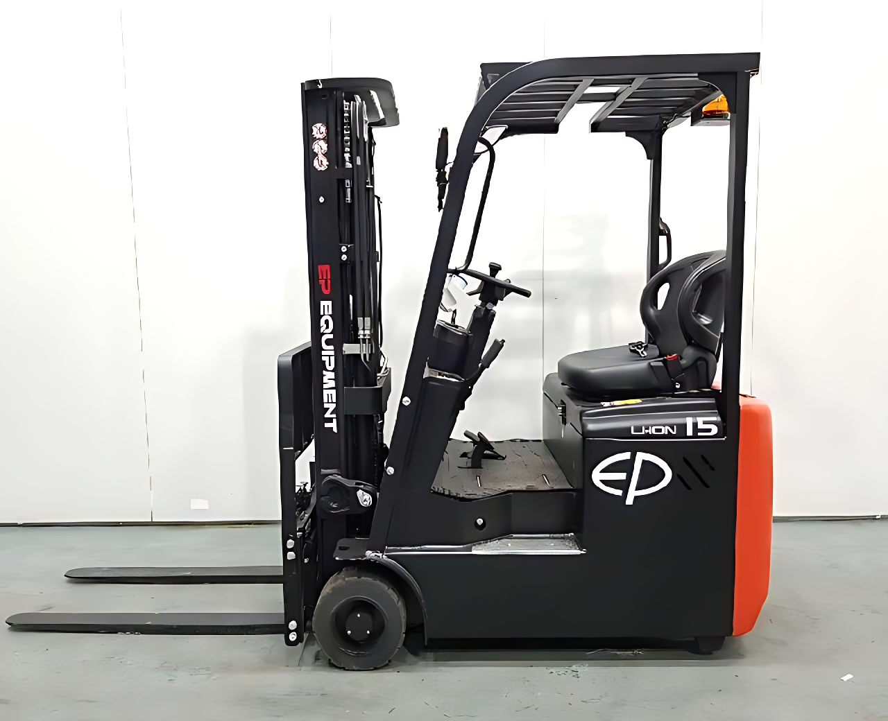 Black and orange forklift with 'Equipment' branding on a white background