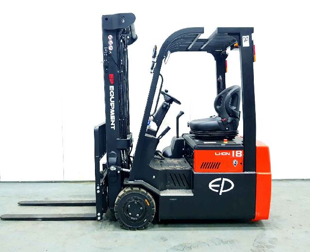 A side view of a black and orange EP Equipment electric forklift, model L-Ion 18, with forks ready for lifting.