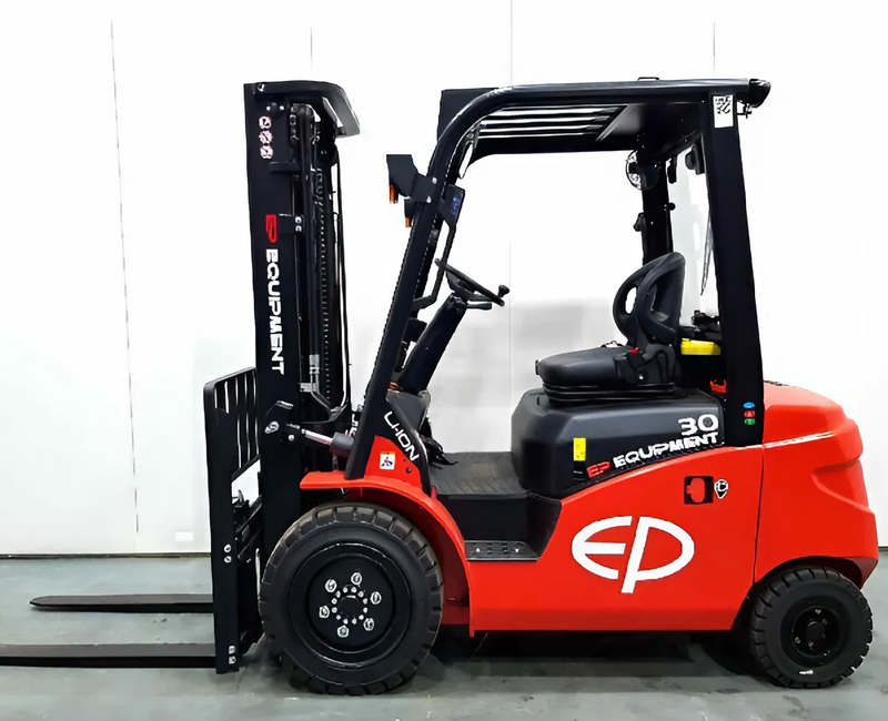 A red EP forklift model 30, with black lifting forks and cabin, parked in a warehouse against a white backdrop.