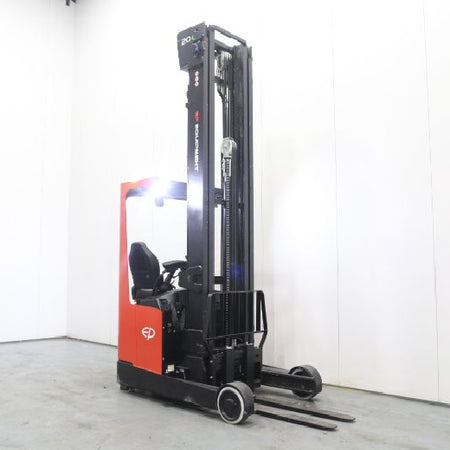 A slender, electric forklift with a tall lifting mast, featuring a black frame and red accents, positioned on a concrete floor.