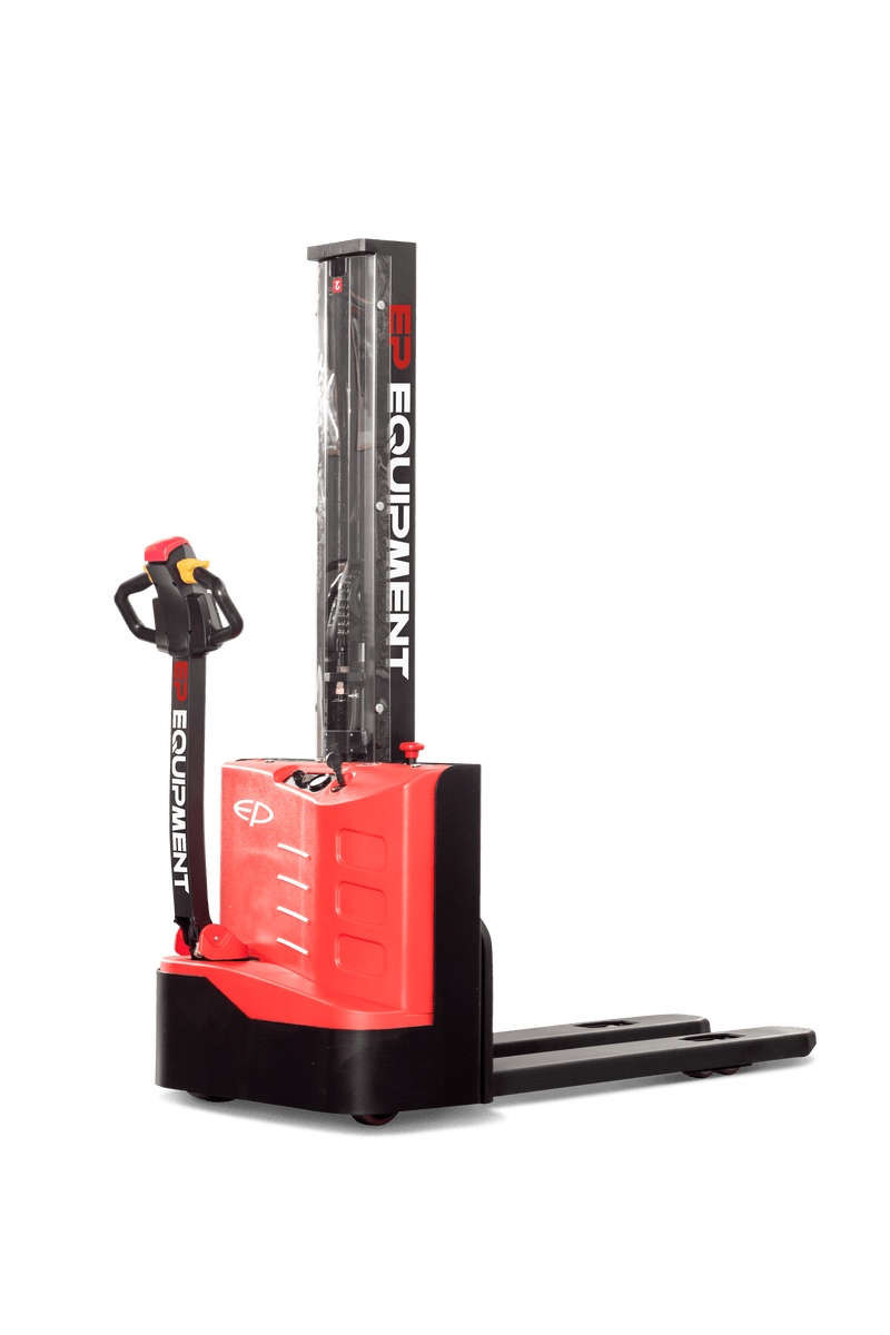 Red and black electric pallet stacker with "EP Equipment" branding, upright mast, and control handle, against a plain white background.